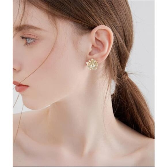 Flower Pearl Stud Earrings | Hypoallergenic Sterling Silver Post | Elegant - Picture 3 of 6